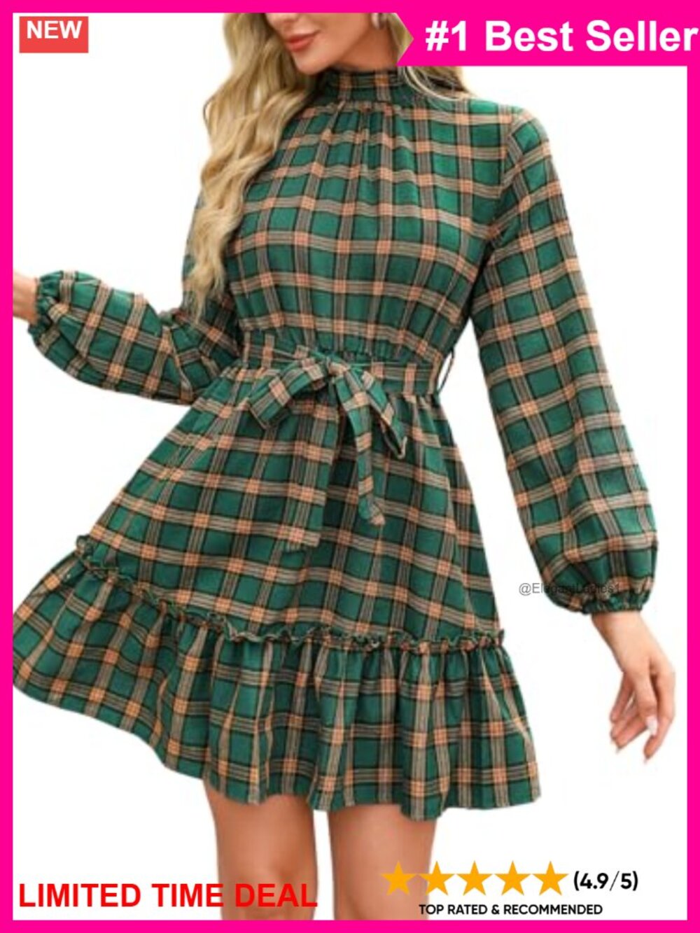 Plaid Mini Dress Bishop Sleeve Ruffle Hem Casual Holiday